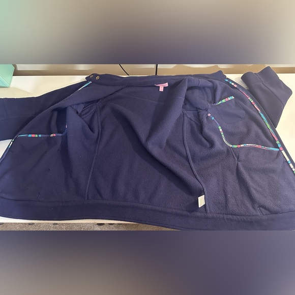 LILLY PULITZER Fleece Jacket Coat Navy Blue Pink Palm Tree Pockets Elbow Patch - Picture 14 of 16